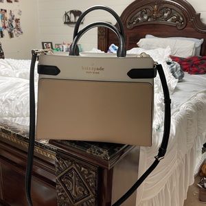 ~ tan, white, and black kate spade bag